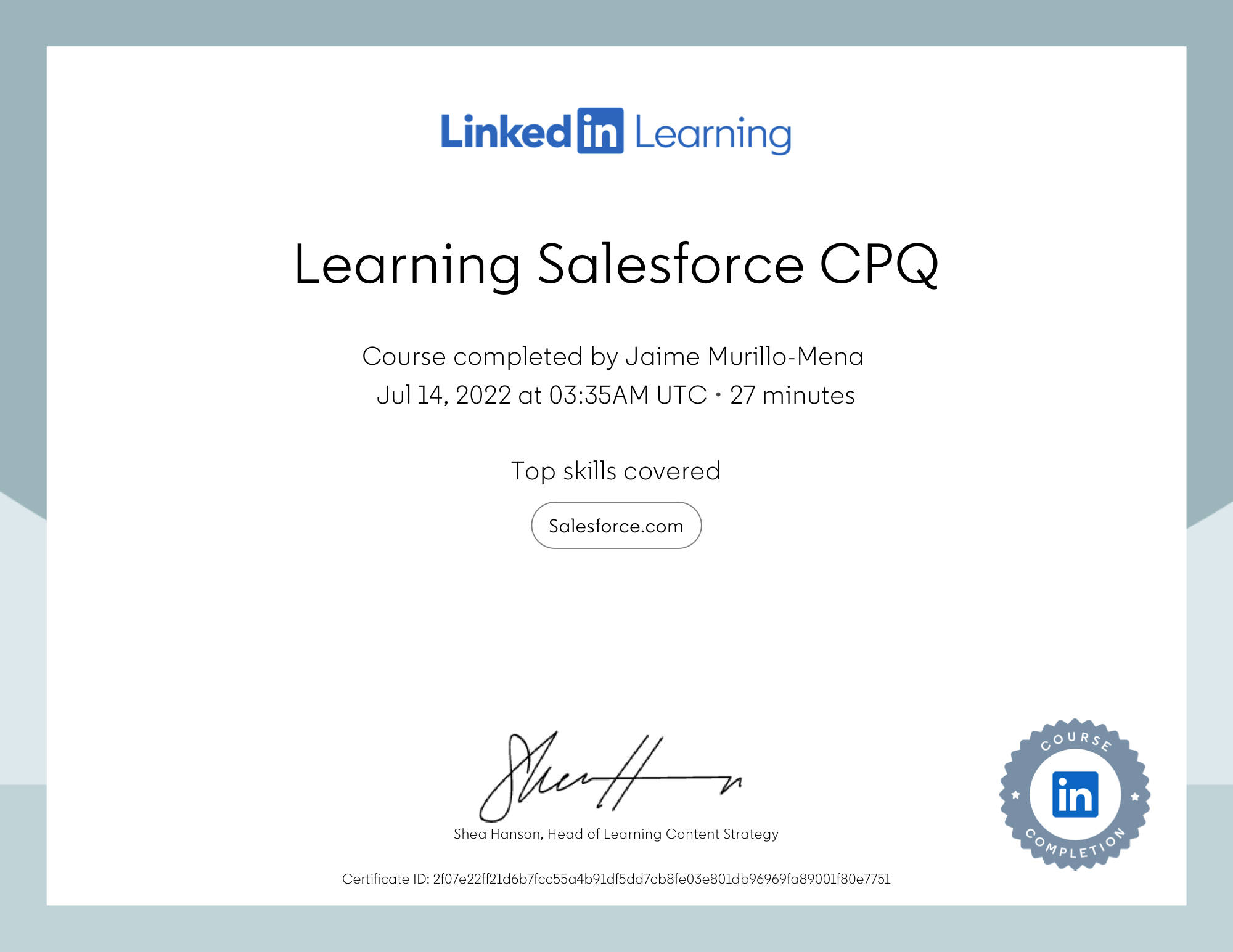 Certificate of Completion — Learning Salesforce