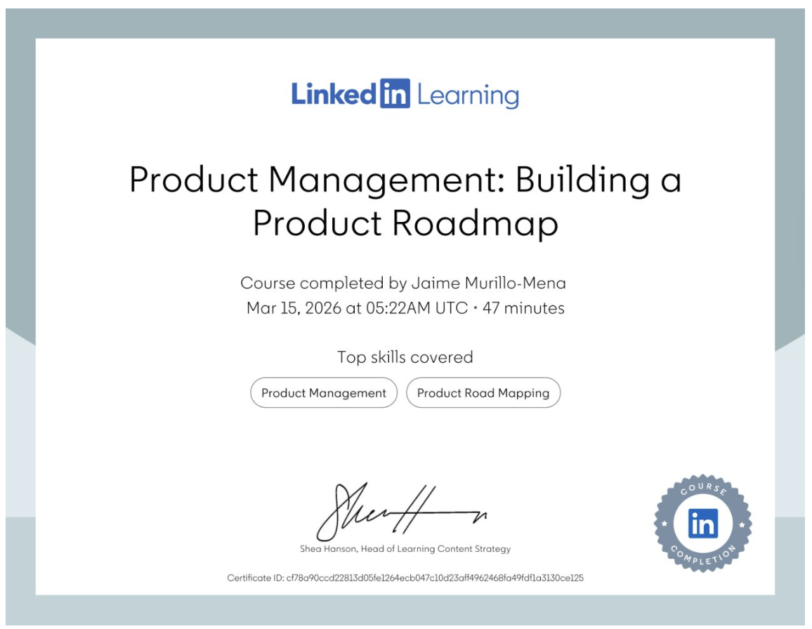 Certificate of Completion — Product Roadmapping