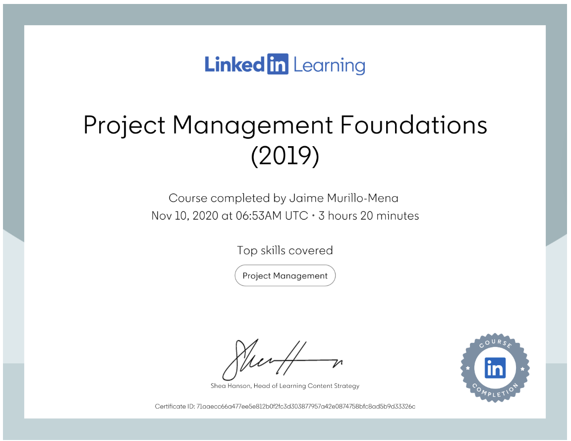 Certificate of Completion — Project Management